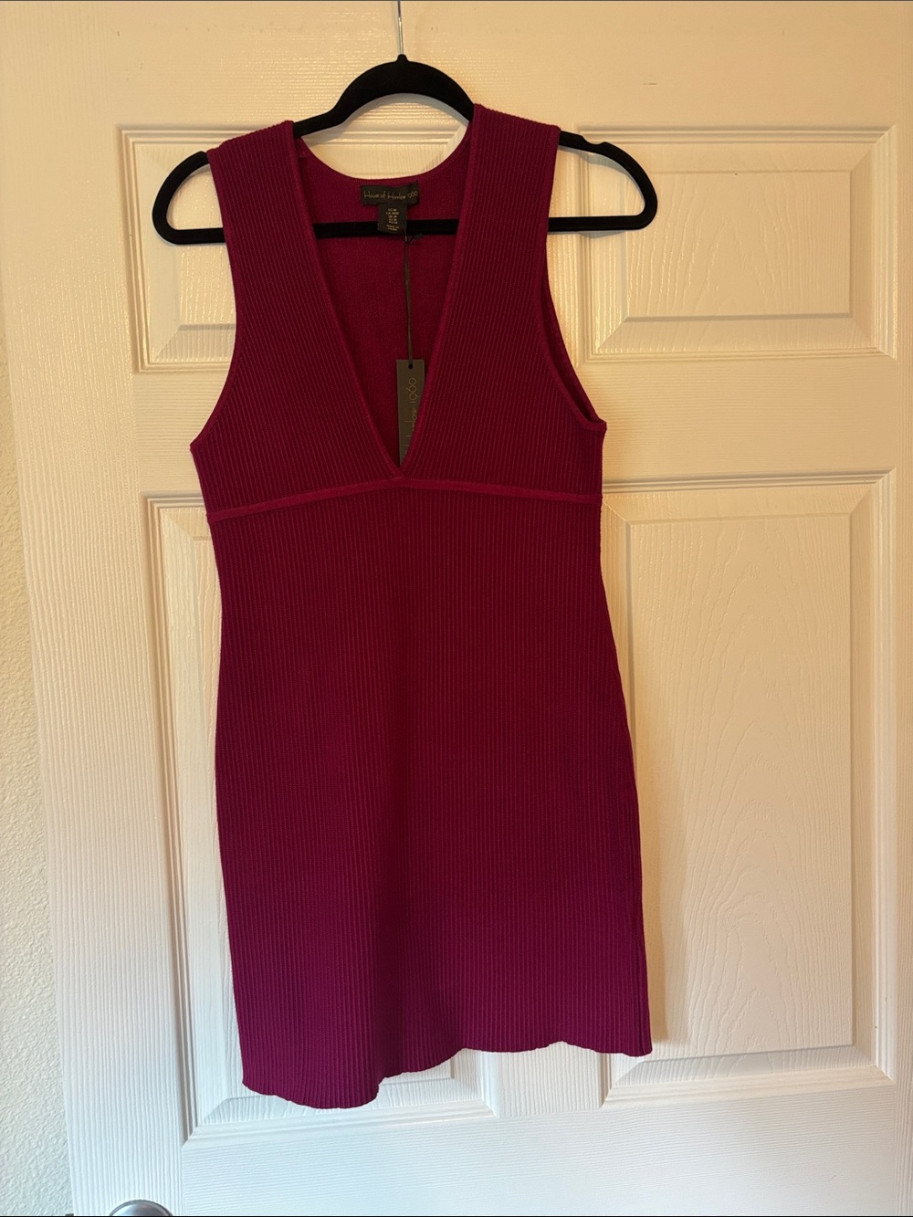 House of Harlow 1960 Ribbed V-Neck Mini Dress in Berry Plum